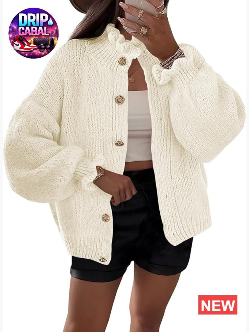 Oversized Ruffle Button Up Cardigan Ribbed Knit Long Sleeve Open Front Sweater